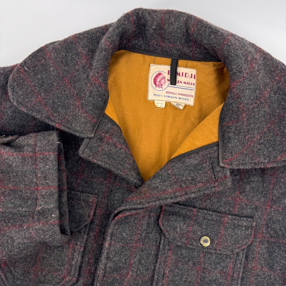 Bemidji Woolen Mills Cruiser Jacket Mens 40 Grey Red Plaid Virgin Wool USA Made